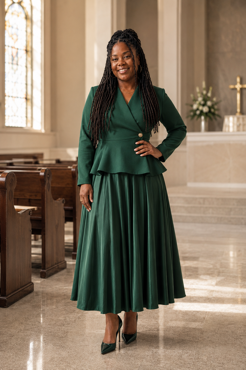 Soulé Soul in an emerald suit in a sunlit sanctuary