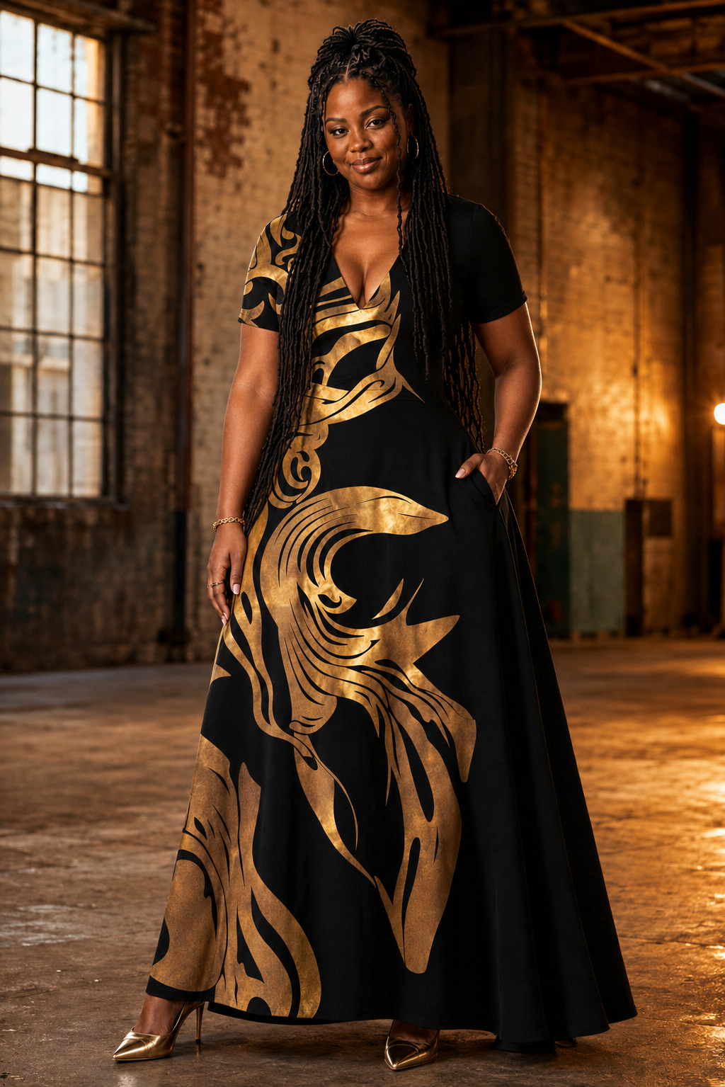 Soulé Soul in a black and gold gown, golden-hour warehouse light