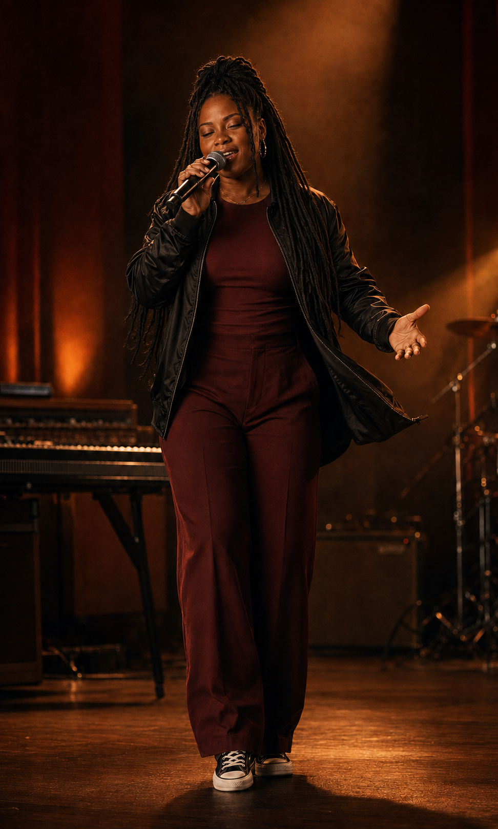 Soulé Soul performing with microphone on a warm-lit stage