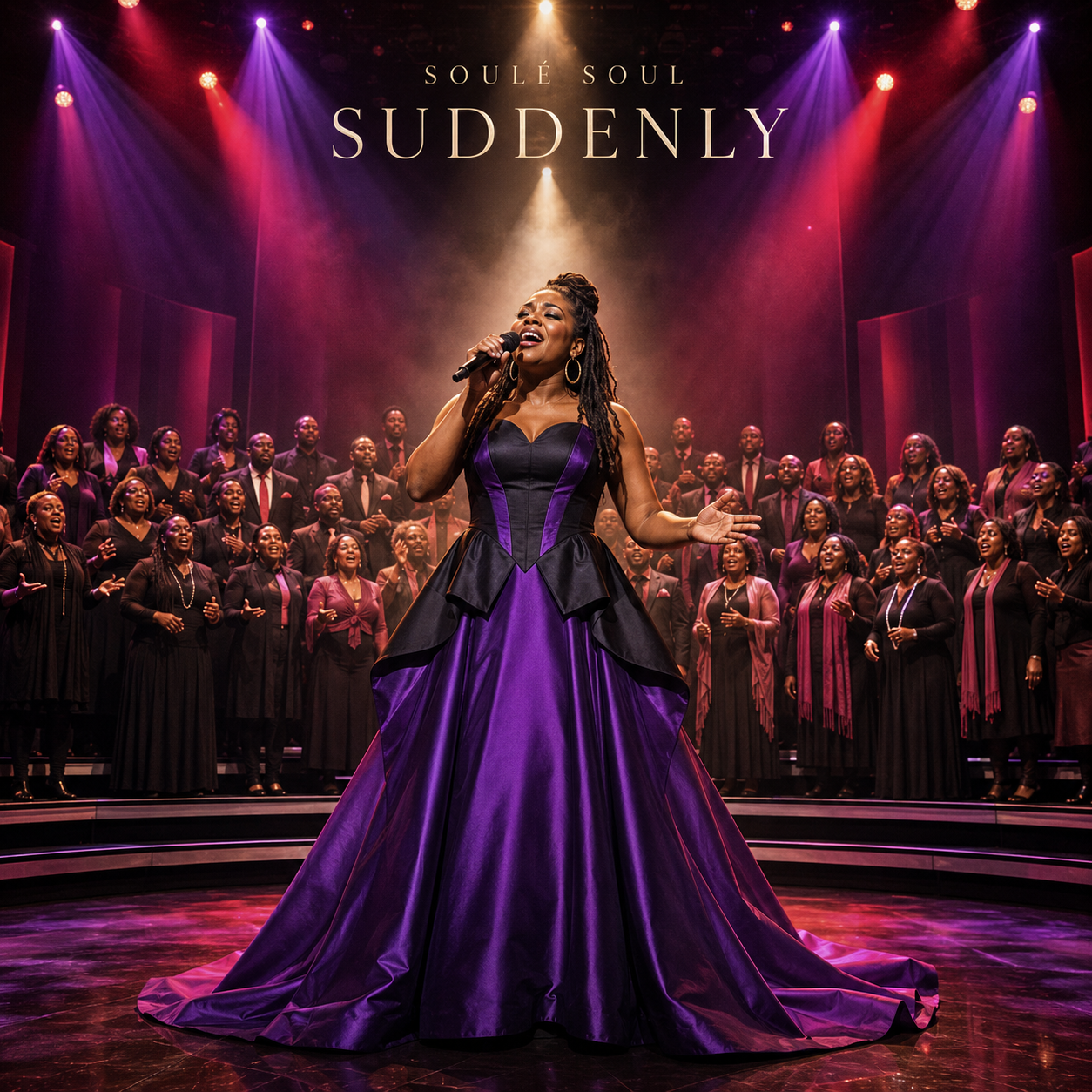 Suddenly — single cover: Soulé Soul in a purple gown singing before a full choir